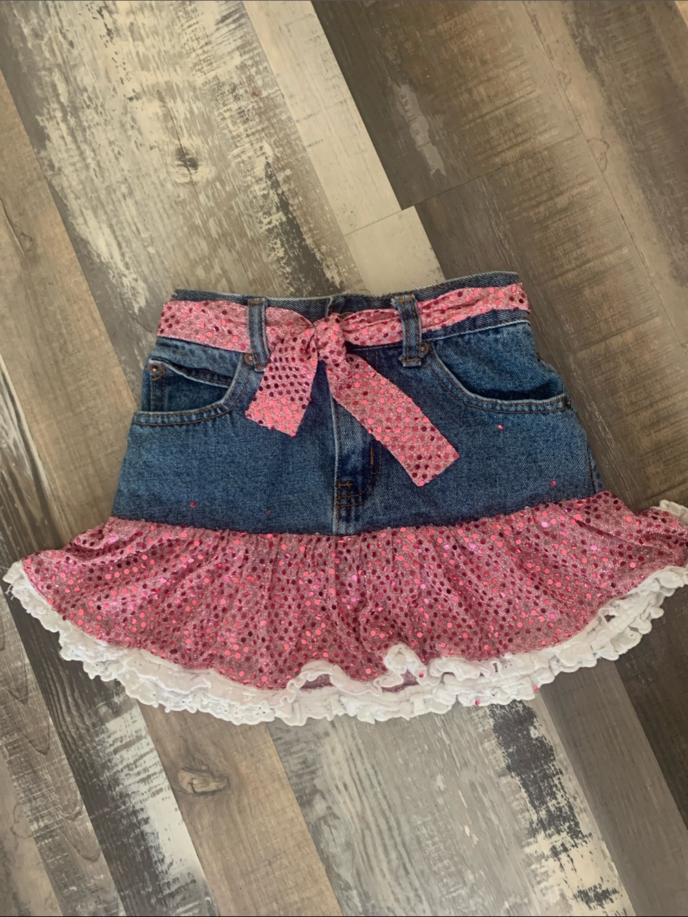 Denim Mini Skirt with Pink Sequin and white Ruffle